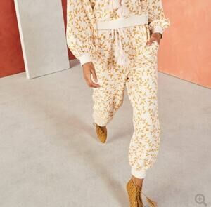 ULLA JOHNSON Cream Brown Drawstring Waist Floral Rose Charley Pant Size L NEW